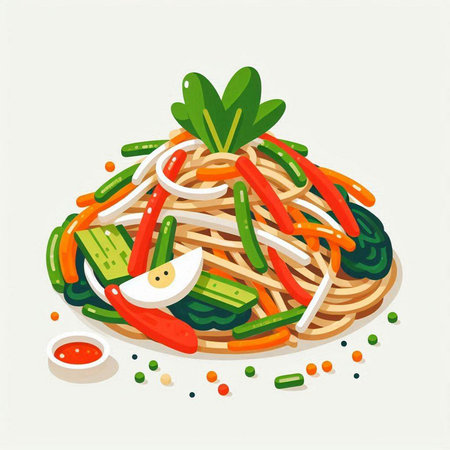 Spaghetti with vegetables and sauce. Vector illustration in cartoon style.のイラスト素材