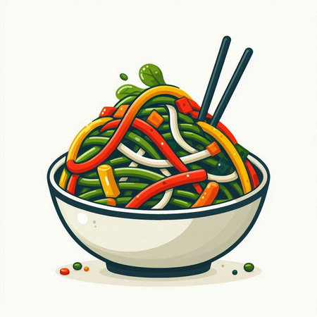 Vegetable salad in a bowl with chopsticks. Vector illustration.のイラスト素材