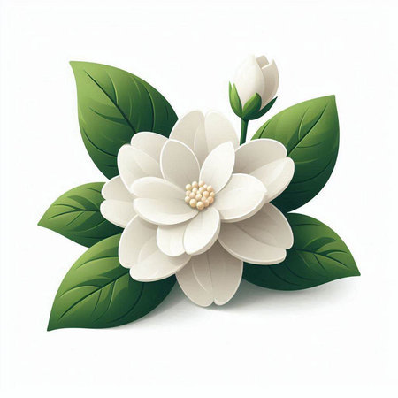 White flower with green leaves isolated on white background. Vector illustration.のイラスト素材