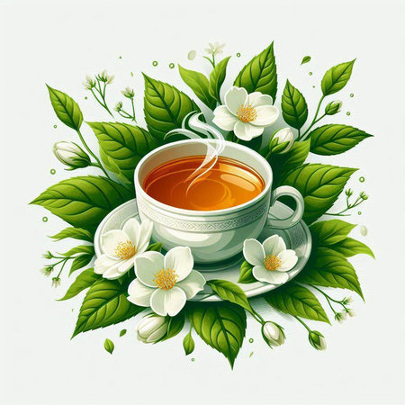 Vector illustration of a cup of tea with jasmine flowers.のイラスト素材