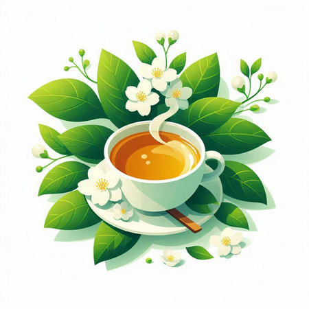 Cup of tea with jasmine flowers and green leaves on white backgroundのイラスト素材