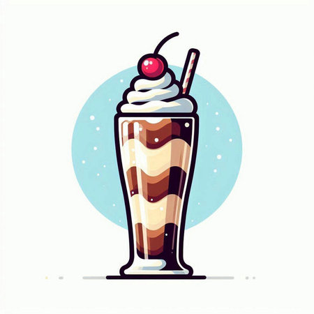 Milkshake with whipped cream and cherry in a glass. Vector illustration.のイラスト素材