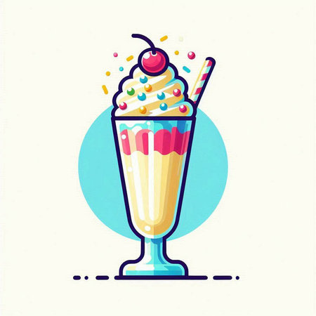 Milkshake with whipped cream and cherry in a glass. Vector illustration.のイラスト素材
