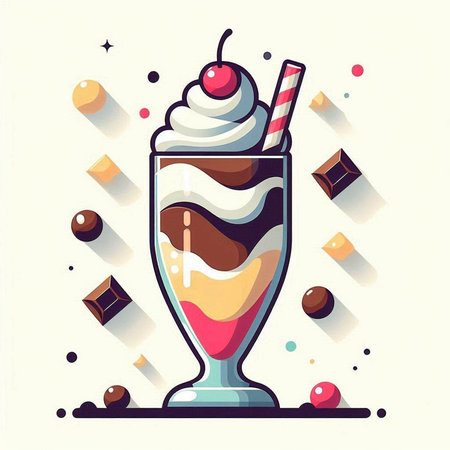 Vector illustration of milkshake with whipped cream, chocolate and cherryのイラスト素材