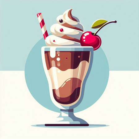 Milkshake with whipped cream and cherry in a glass, vector illustrationのイラスト素材