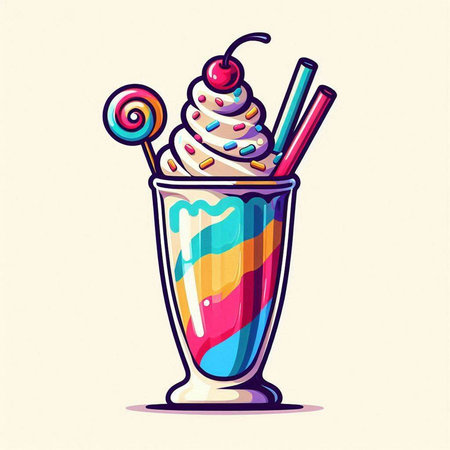 Vector illustration of a colorful milkshake with whipped cream and cherry.のイラスト素材