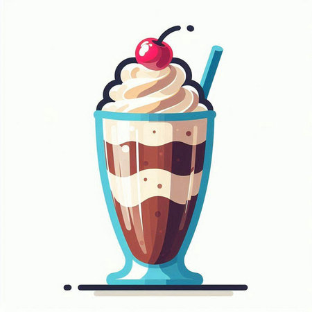 Milkshake with whipped cream and cherry in glass. Vector illustration.のイラスト素材