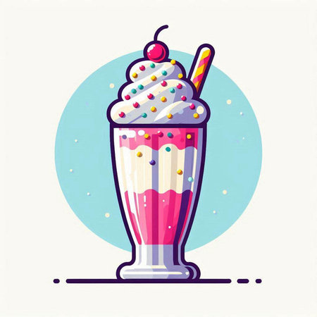 Vector illustration of a milkshake in a glass with whipped cream and cherryのイラスト素材