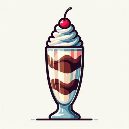 Vector illustration of a milkshake with whipped cream, cherry and chocolateのイラスト素材