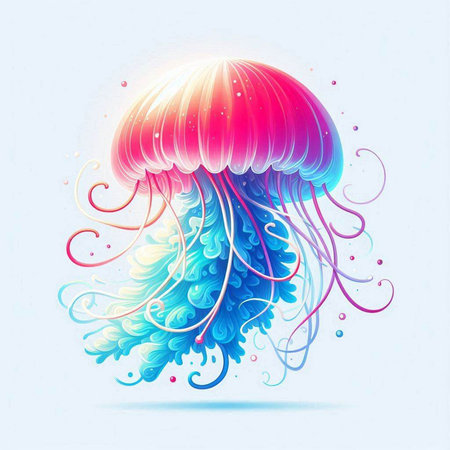 Colorful jellyfish on blue background. Hand drawn vector illustration.のイラスト素材
