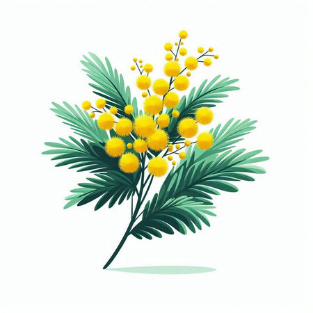 Mimosa branch with yellow flowers isolated on white background. Vector illustration.のイラスト素材
