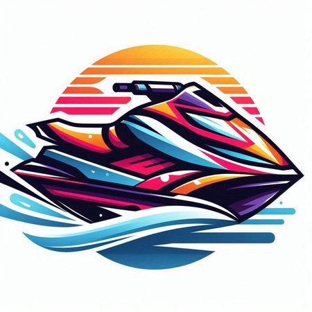 Jet ski - vector illustration on white background with sun and waves.のイラスト素材