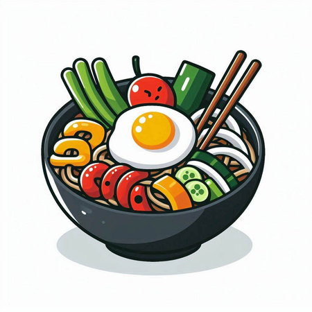 Illustration of a bowl of noodle with egg and vegetables.のイラスト素材