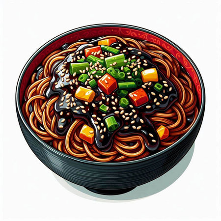 Illustration of a bowl of udon noodle with sesame seedsのイラスト素材