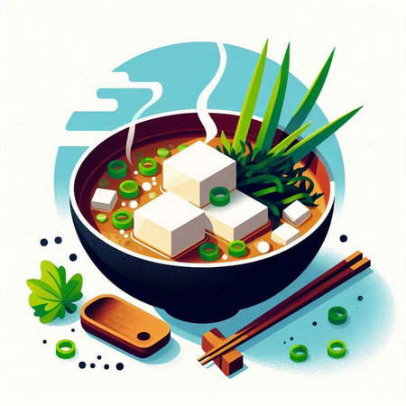 Illustration of a bowl of miso soup with tofu and chopsticksのイラスト素材