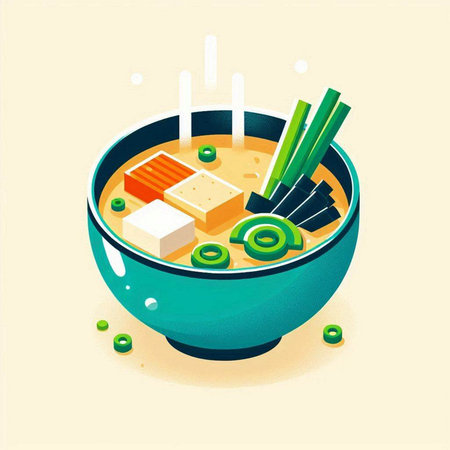 Illustration of a bowl of miso soup with chopsticks and tofuのイラスト素材
