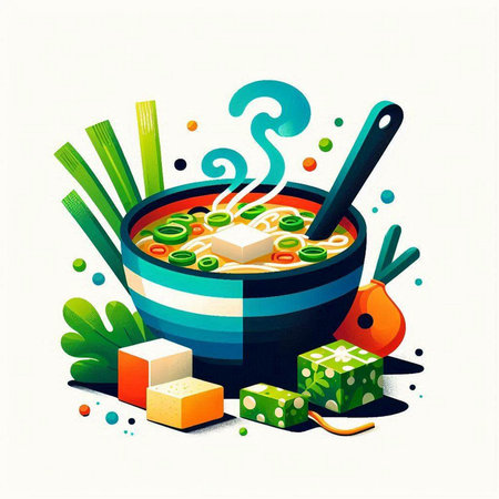 Illustration of soup with vegetables in a bowl. Vector illustration.のイラスト素材