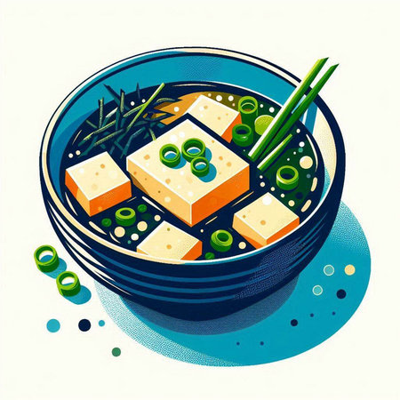 Illustration of a bowl of miso soup with tofu and vegetablesのイラスト素材