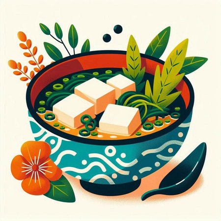 japanese miso soup with tofu and flowers. vector illustrationのイラスト素材