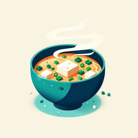 Soup with tofu in a blue bowl with steam. Vector illustration.のイラスト素材