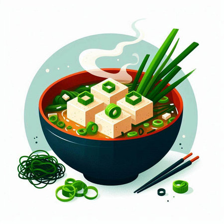 Illustration of a bowl of tofu soup with green onions and chopsticksのイラスト素材