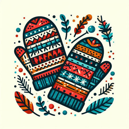 Vector illustration of Christmas mittens in doodle style with winter elements.のイラスト素材
