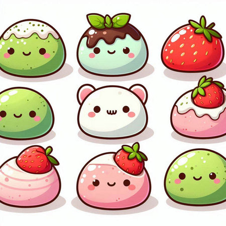 Cute cartoon strawberry and mint ice cream characters. Vector illustration.のイラスト素材