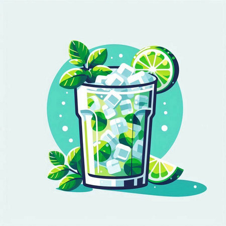 Cocktail with lime, mint and ice. Vector illustration.のイラスト素材