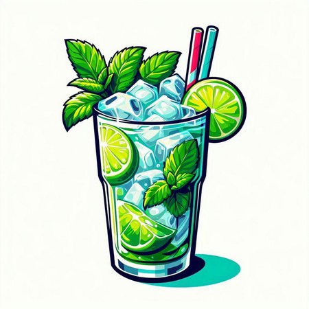 Mojito cocktail with lime, mint and ice. Vector illustration.のイラスト素材