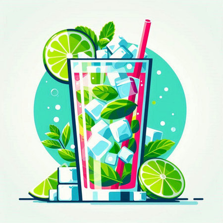 Cocktail with lime, ice cubes and mint leaves. Vector illustration.のイラスト素材