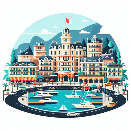 Vector illustration of the city with a view of the sea and yachts.のイラスト素材