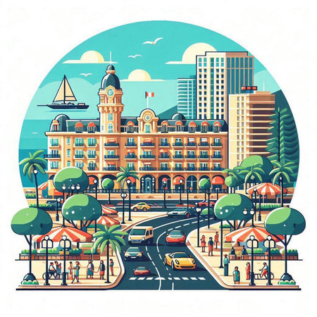 Cityscape with skyscrapers and street in the circle. Vector illustration.のイラスト素材