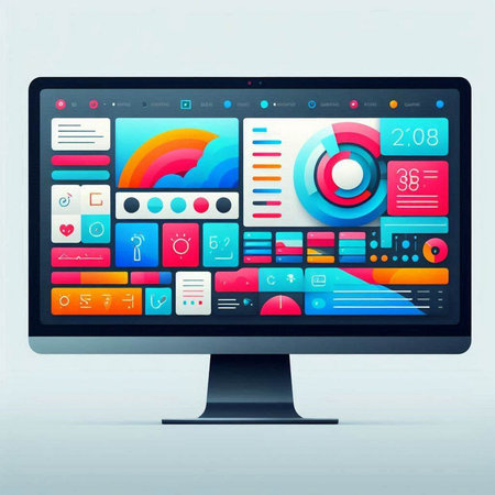 Computer monitor with colorful application icons on the screen. Vector illustration.のイラスト素材