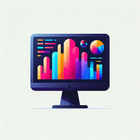 Computer monitor with colorful graphs and charts on the screen. Vector illustrationのイラスト素材