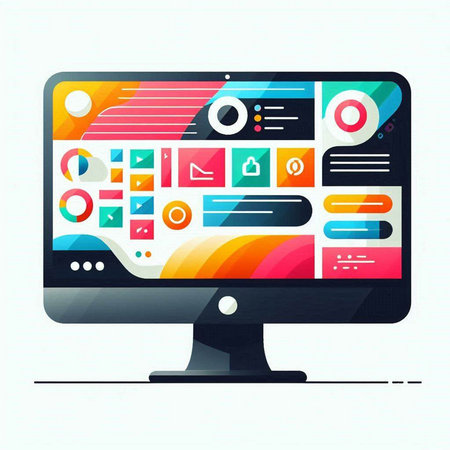 Computer screen with colorful application icons. Vector illustration in flat style.のイラスト素材