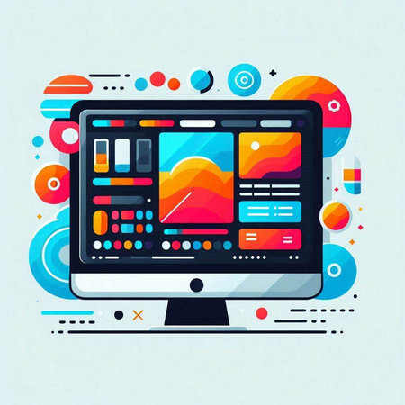 Vector illustration of a computer monitor with abstract colorful background. Technology concept.のイラスト素材