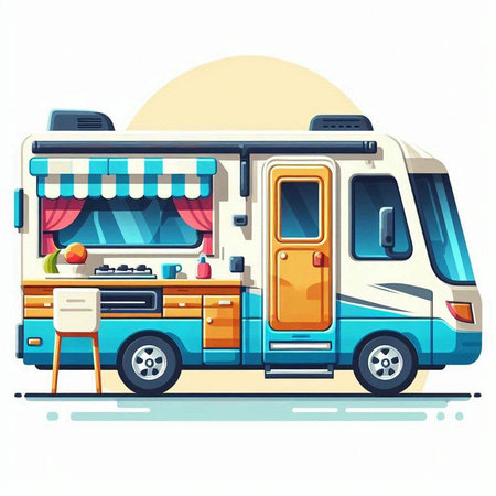 Vector illustration of a camper van with awning and food truck.のイラスト素材