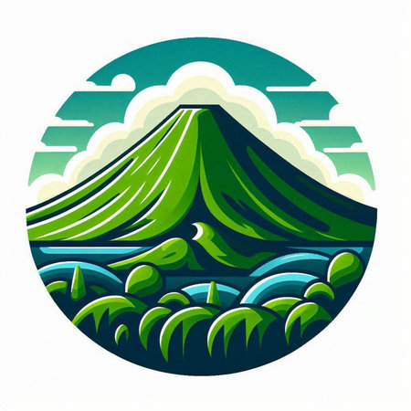 Illustration of a green mountain landscape viewed from the side set inside circle done in retro style.のイラスト素材