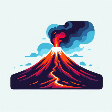 Volcano eruption with smoke and fire. Vector illustration in flat style.のイラスト素材