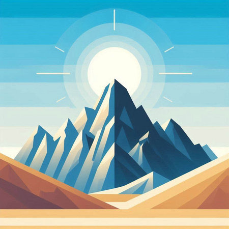 Mountains and blue sky with sun. Vector illustration in retro styleのイラスト素材