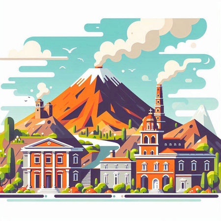 Mountain landscape with old houses and church. Flat style vector illustration.のイラスト素材