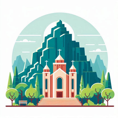 Vector illustration of a church in the mountains. Flat style design.のイラスト素材