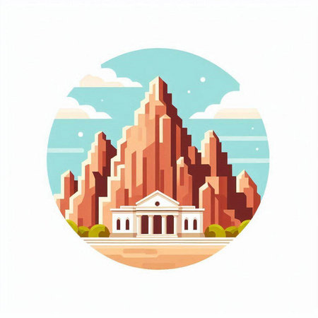 Mountain with temple on the hill. Vector illustration in flat styleのイラスト素材