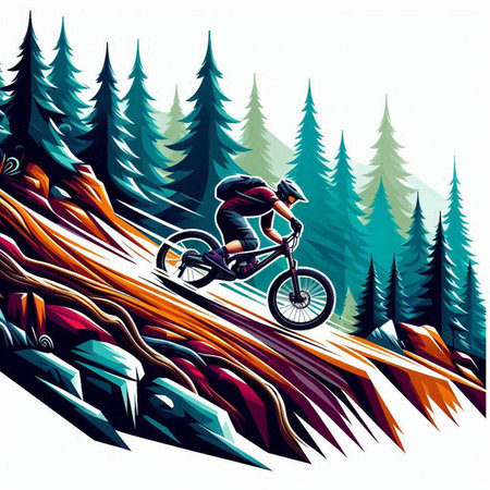 Mountain biker riding a bike through the forest. vector illustrationのイラスト素材