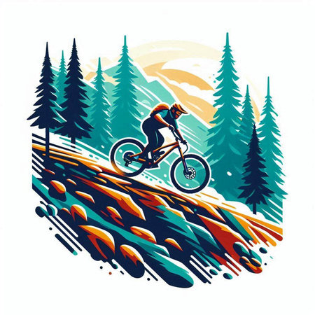 Mountain bike rider on the road in the mountains. Vector illustrationのイラスト素材