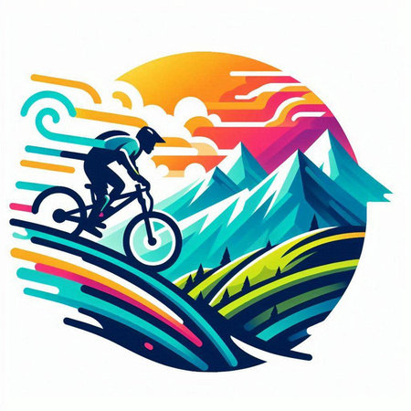 Mountain biker in the mountains. Colorful vector illustration.のイラスト素材