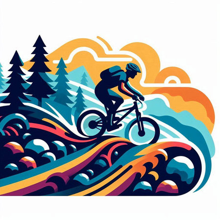 Mountain biker rides in the mountains. Colorful vector illustration.のイラスト素材