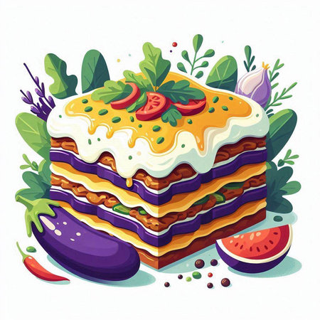 Illustration of lasagna with tomato, eggplant and greens.のイラスト素材