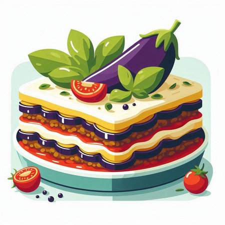 Illustration of lasagna with eggplant, tomato and basil.のイラスト素材