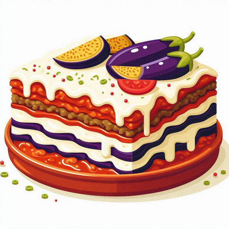 Illustration of a layered eggplant cake on a white background.のイラスト素材